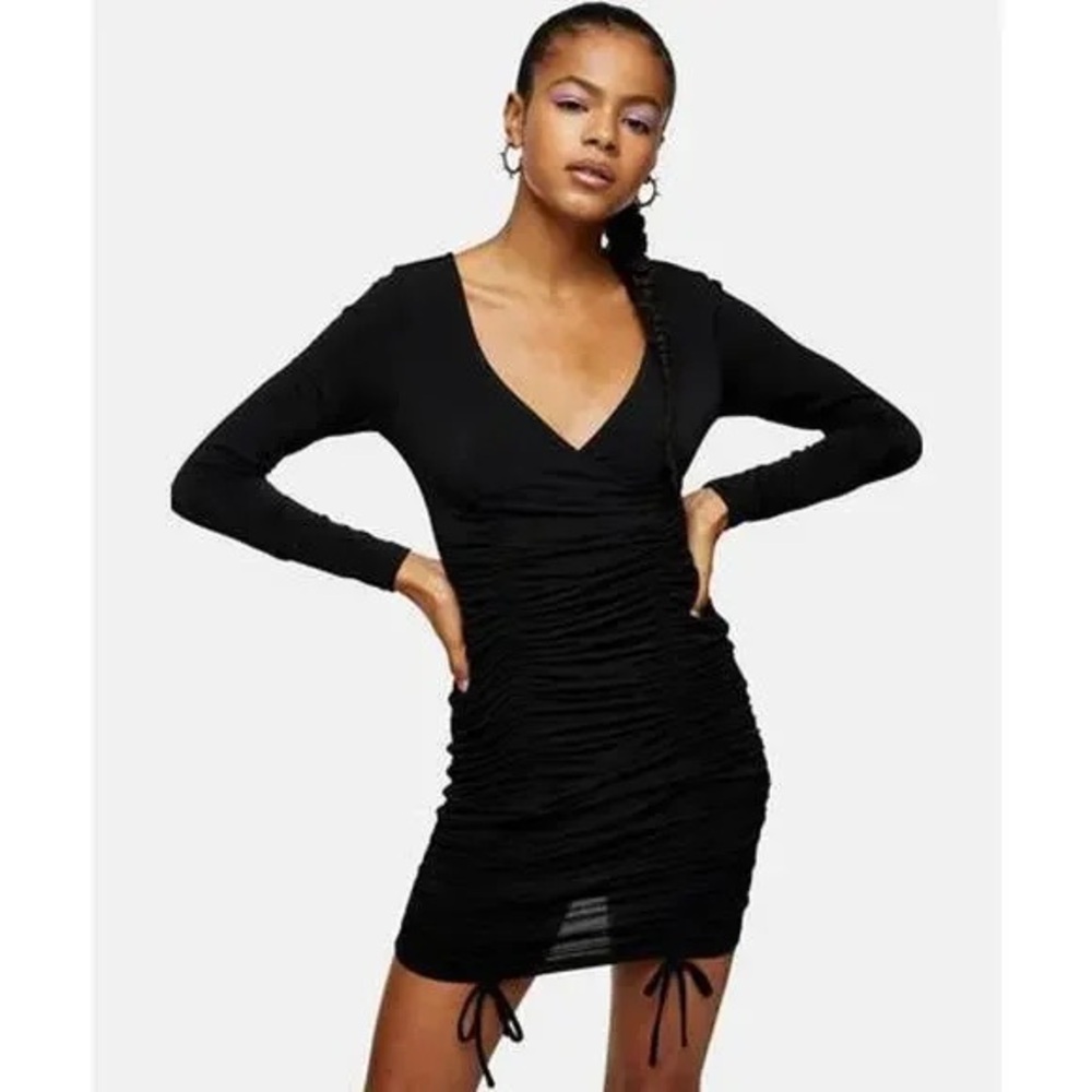 NEW Topshop Black Long Sleeve Ruched Tie Dress